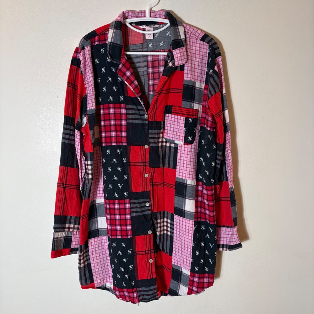 Victoria's Secret Patchwork Plaid Sleep Shirt‎ Button Front Size Medium